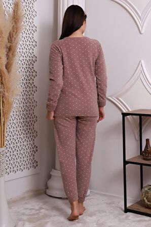 Fawn 3011 Peluş Welsoft Polar Kışlık Kadın Ev Kedi İşlemli Pijama Takımı