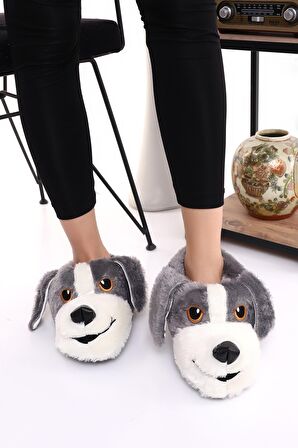Hayvanlı H10 Köpekli Kışlık Kadın Erkek Çocuk Panduf Ev Içi Sessiz Taban Panduf