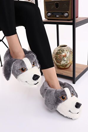 Hayvanlı H10 Köpekli Kışlık Kadın Erkek Çocuk Panduf Ev Içi Sessiz Taban Panduf