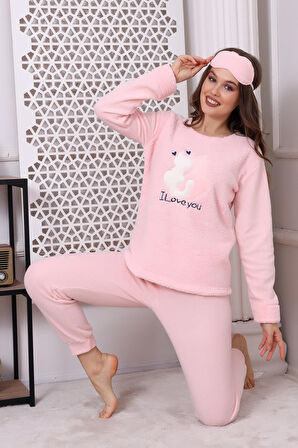Fawn 3011 Peluş Welsoft Polar Kışlık Kadın Ev Kedi İşlemli Pijama Takımı
