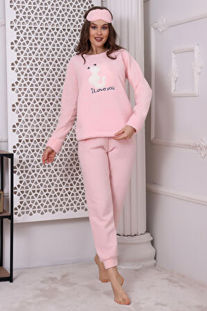 Fawn 3011 Peluş Welsoft Polar Kışlık Kadın Ev Kedi İşlemli Pijama Takımı