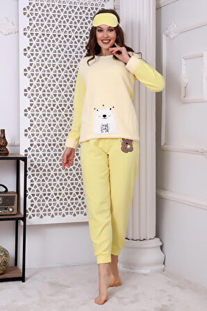 Fawn 3019 Peluş Welsoft Polar Kışlık Yumoş Ayıcıklı Kadın Pijama Takımı