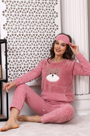 Fawn 3010 Peluş Welsoft Polar Kışlık Pandalı Cepli Kadın Pijama Takımı
