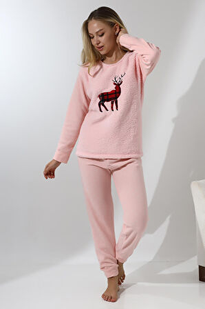 Fawn 5016 Peluş Welsoft Polar Kışlık Yumoş Geyikli Kadın Pijama Takımı