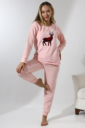 Fawn 5016 Peluş Welsoft Polar Kışlık Yumoş Geyikli Kadın Pijama Takımı