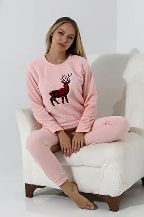 Fawn 5016 Peluş Welsoft Polar Kışlık Yumoş Geyikli Kadın Pijama Takımı