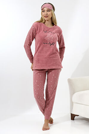 Fawn 5018 Peluş Welsoft Polar Kışlık Yıldızlı Yumoş  Kadın Pijama Takımı
