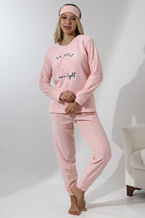 Fawn 5018 Peluş Welsoft Polar Kışlık Yıldızlı Yumoş  Kadın Pijama Takımı