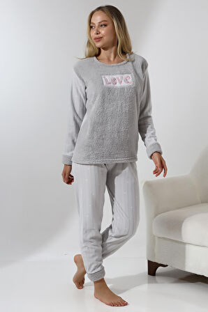 Fawn 5019 Peluş Welsoft Polar Kışlık Yumoş Kadın Pijama Takımı Love