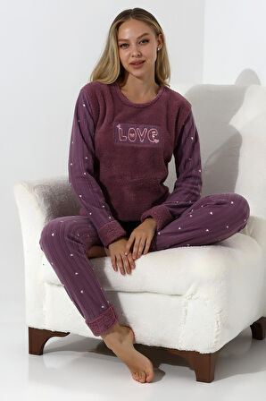 Fawn 5019 Peluş Welsoft Polar Kışlık Yumoş Kadın Pijama Takımı Love