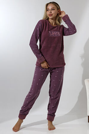 Fawn 5019 Peluş Welsoft Polar Kışlık Yumoş Kadın Pijama Takımı Love