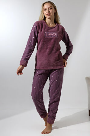 Fawn 5019 Peluş Welsoft Polar Kışlık Yumoş Kadın Pijama Takımı Love