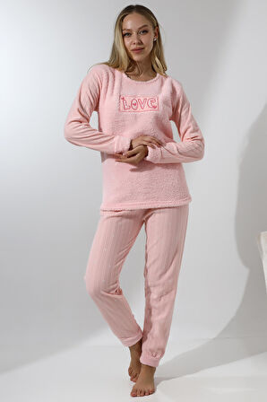 Fawn 5019 Peluş Welsoft Polar Kışlık Yumoş Kadın Pijama Takımı Love