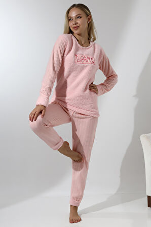 Fawn 5019 Peluş Welsoft Polar Kışlık Yumoş Kadın Pijama Takımı Love