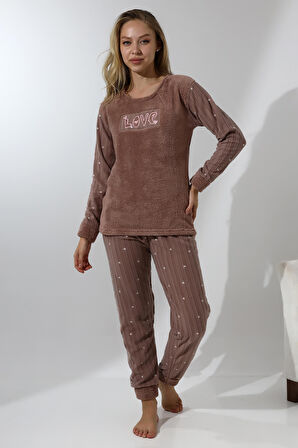 Fawn 5019 Peluş Welsoft Polar Kışlık Yumoş Kadın Pijama Takımı Love