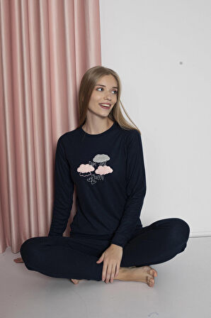 Fawn 4006 İnterlok Kışlık Bulut Desenli Kadın Pijama Takımı