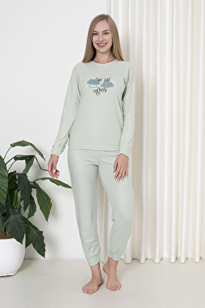 Fawn 4006 İnterlok Kışlık Bulut Desenli Kadın Pijama Takımı