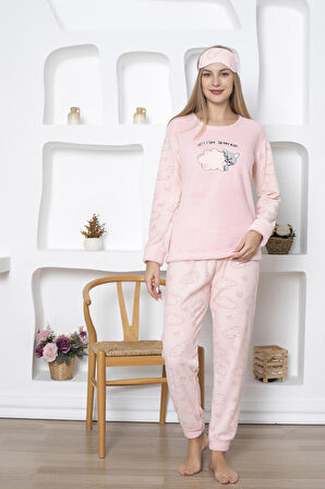 Fwn 5031 Peluş Welsoft Polar Kışlık Yumoş Kedi Desenli Kadın Pijama Takımı