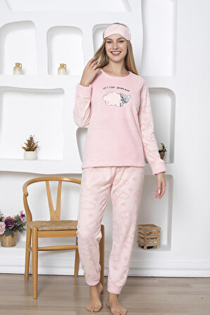 Fwn 5031 Peluş Welsoft Polar Kışlık Yumoş Kedi Desenli Kadın Pijama Takımı
