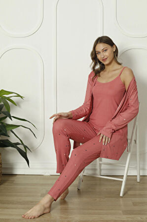 Mirano 1253 Pegasus Kumaş Sabahlıklı Bluzlu 3lü Kalpli Kadın Pijama Takımı