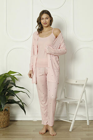 Mirano 1253 Pegasus Kumaş Sabahlıklı Bluzlu 3lü Kalpli Kadın Pijama Takımı