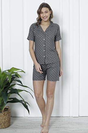 Mirano 1201 Pegasus Kumaş Düğmeli Şortlu Likralı Kadın Pijama Takımı