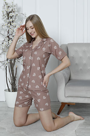 Mirano 1202 Likralı Pegasus Kumaş Düğmeli Şortlu Kadın Kalpli Pijama Takımı