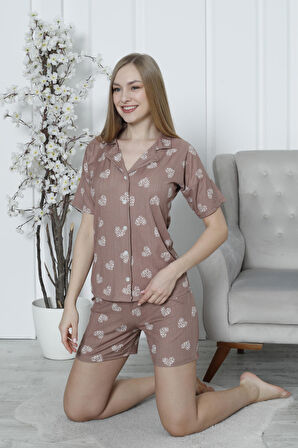 Mirano 1202 Likralı Pegasus Kumaş Düğmeli Şortlu Kadın Kalpli Pijama Takımı