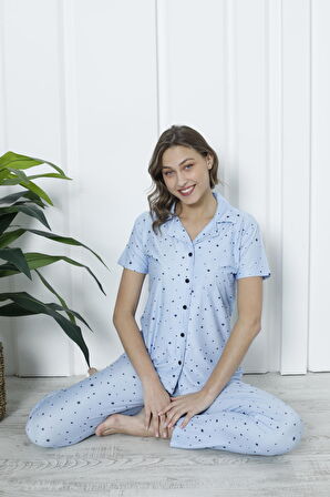 Mirano 2055 Likralı Düğmeli Kısa Kolu Kadın Yıldızlı  Pijama Takımı