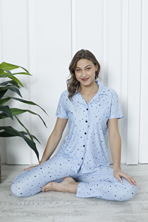Mirano 2055 Likralı Düğmeli Kısa Kolu Kadın Yıldızlı  Pijama Takımı
