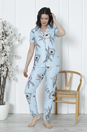 Mirano 2058 Likralı Düğmeli Kısa Kollu Kadın Pijama Takımı
