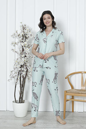 Mirano 2058 Likralı Düğmeli Kısa Kollu Kadın Pijama Takımı