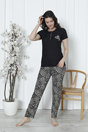 Mirano 1417 Pegasus Kumaş Kısa Kollu Leopar Desenli Kadın Pijama Takımı
