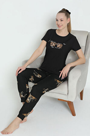 Mr 1401 Pegasus Likralı Kumaş Kısa Kollu Leoparlı Kadın Pijama Takımı