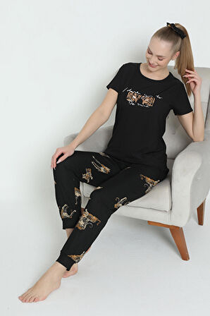 Mr 1401 Pegasus Likralı Kumaş Kısa Kollu Leoparlı Kadın Pijama Takımı