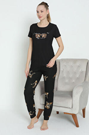 Mr 1401 Pegasus Likralı Kumaş Kısa Kollu Leoparlı Kadın Pijama Takımı