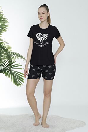 Mirano 1601 Pegasus Likralı Kumaş Kalpli Şortlu Takım Pijama Takımı