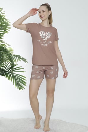 Mirano 1601 Pegasus Likralı Kumaş Kalpli Şortlu Takım Pijama Takımı