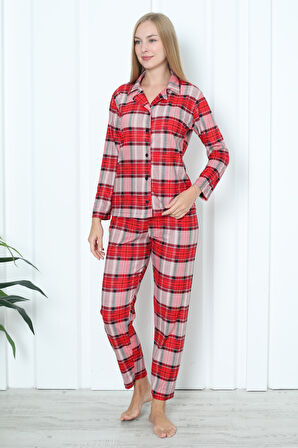 Mr 3707 Boydan Düğmeli Soft Süet Kışlık Kareli Kadın Pijama Takımı