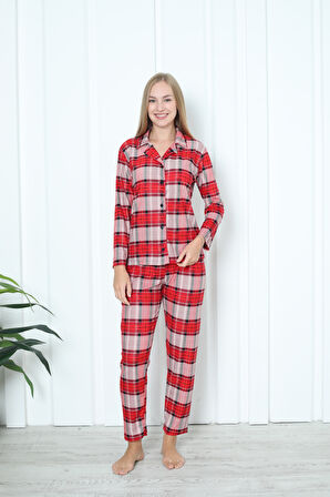 Mr 3707 Boydan Düğmeli Soft Süet Kışlık Kareli Kadın Pijama Takımı