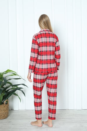 Mr 3707 Boydan Düğmeli Soft Süet Kışlık Kareli Kadın Pijama Takımı