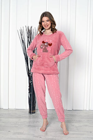 Fwn 04-3301 Peluş Welsoft Polar Kışlık Yumoş Geyikli Kadın Pijama Takımı