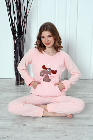 Fwn 04-3301 Peluş Welsoft Polar Kışlık Yumoş Geyikli Kadın Pijama Takımı
