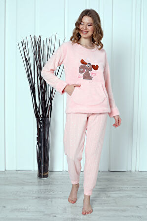 Fwn 04-3301 Peluş Welsoft Polar Kışlık Yumoş Geyikli Kadın Pijama Takımı