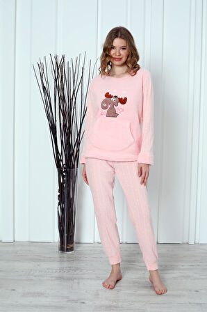 Fwn 04-3301 Peluş Welsoft Polar Kışlık Yumoş Geyikli Kadın Pijama Takımı