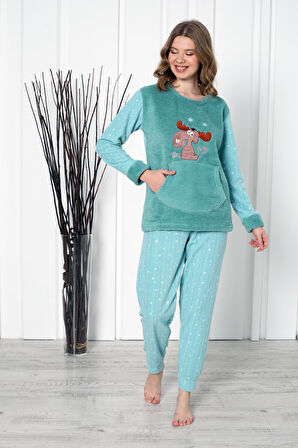 Fwn 04-3301 Peluş Welsoft Polar Kışlık Yumoş Geyikli Kadın Pijama Takımı