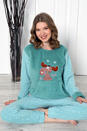 Fwn 04-3301 Peluş Welsoft Polar Kışlık Yumoş Geyikli Kadın Pijama Takımı