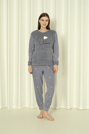 Fwn 04-3309 Peluş Welsoft Polar Kışlık Yumoş Kalpli Kedili Kadın Pijama Takımı