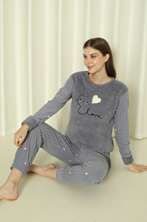 Fwn 04-3309 Peluş Welsoft Polar Kışlık Yumoş Kalpli Kedili Kadın Pijama Takımı