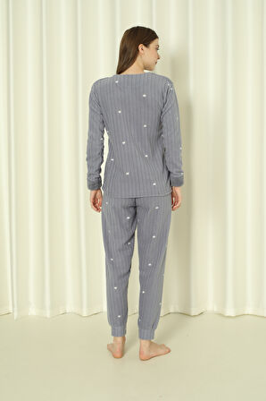 Fwn 04-3309 Peluş Welsoft Polar Kışlık Yumoş Kalpli Kedili Kadın Pijama Takımı